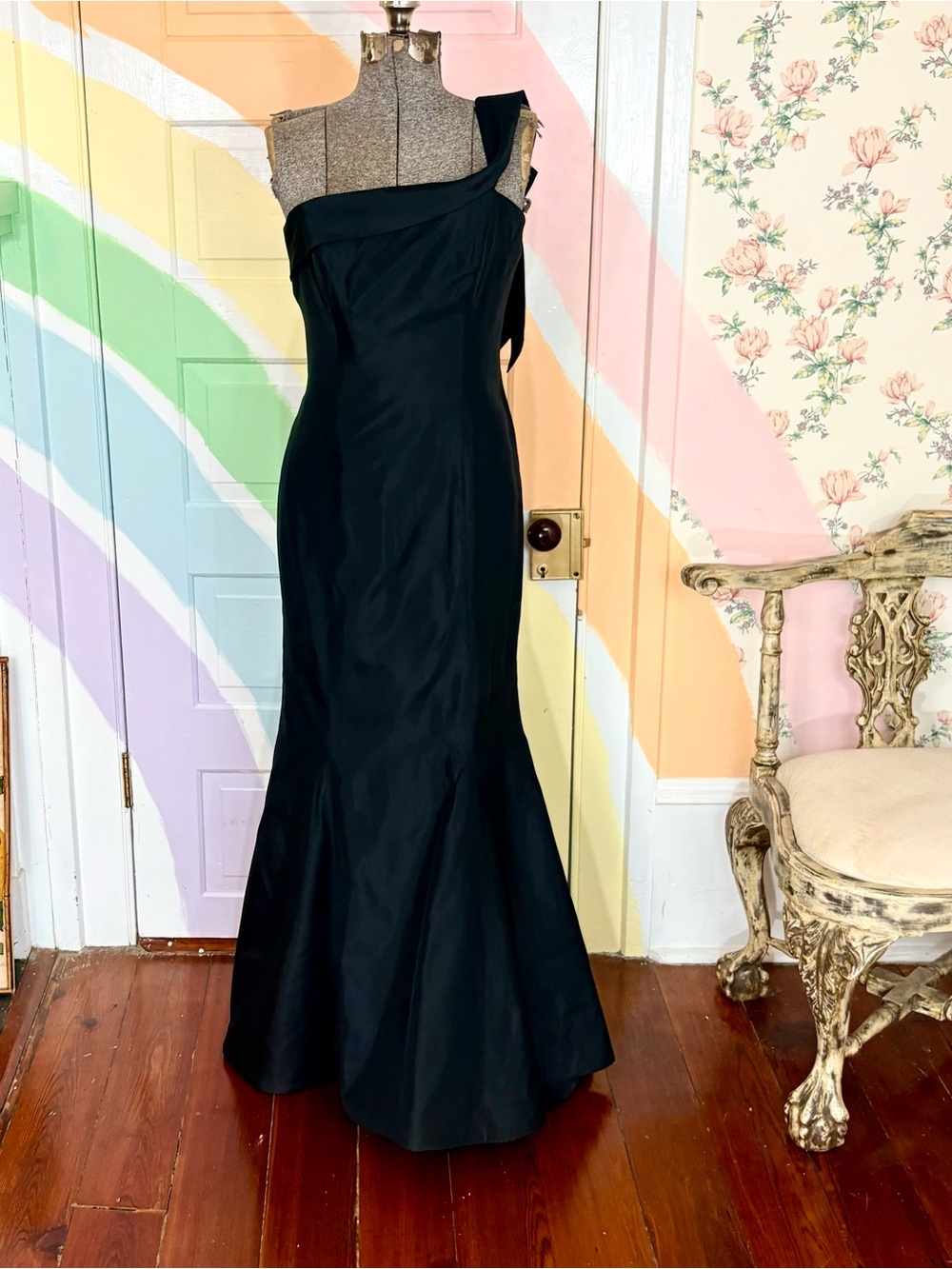 ๐ฅLazaro Black Satin Taffeta One Shoulder Mermaid Fixed Train Gown Sz 10๐งก